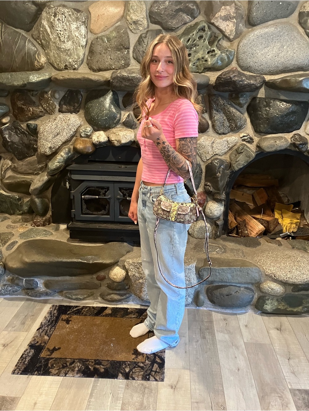Coach Crossbody Bag in Signature Print with Green Snake-Print Accents - Picture 9 of 10